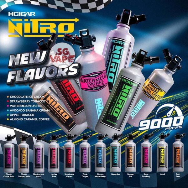 HCIGAR NITRO 9000 DISPOSABLE - SGVAPEJJ The Hcigar NITRO 9000 DISPOSABLE also as 9k puffs , in our Vape Singapore - SG VAPE JJ Ready Stock , get it now with us and same day delivery ! Nitro Vape 9000 Puffs have come with three different series which are : Fruity Series, Drinks Series and Creamy Series. Smell of fruit which is sweet and some flavors are cold, which is the most popular and nice series!  The top flavors are : Triple Grape, Mango Watermelon and Honeydew. Specifications :  Puff : 9000 Puffs Nicotine : 5% Charging : Rechargable with Type C ⚠️NITRO 9000 VAPE DISPOSABLE FLAVOUR LIST⚠️ Honeydew Mango Watermelon Triple Grape Strawberry Gelato Yacult Sirap Bandung Rootbeer Blackcurrant yacult Mango ice Grape soda Orange soda Watermelon lychee Strawberry tbc Apple tbc Chocolate ice cream Avocado banana cream Almond caramel coffee Lychee Rose SG VAPE COD SAME DAY DELIVERY , CASH ON DELIVERY ONLY. ORDER BEFORE 5PM , SAME DAY NIGHT SLOT 20:00 PM – 23:00 PM RECEIVED PARCEL. TAKE BULK ORDER /MORE ORDER PLS CONTACT US : SGVAPEJJ VIEW OUR DAILY NEWS INFORMATION VAPE : SGVAPEJJ