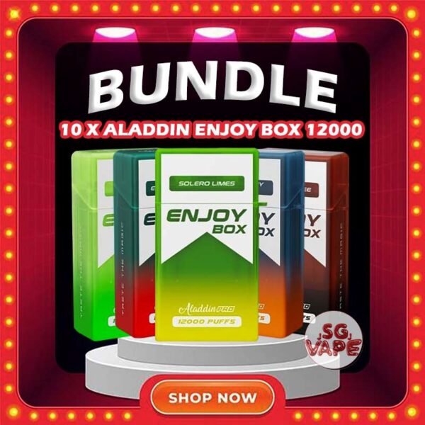 10 X ALADDIN PRO ENJOY BOX 12000 DISPOSABLE Get 10 pcs X Aladdin Enjoy Box 12000 with amazing price! FREE DELIVERY The 10 X Aladdin Pro Enjoy Box 12k Disposable also as 12k puffs , in our Vape Singapore - SG VAPE JJ Ready Stock , get it now with us and same day delivery ! Specification : Puffs : 12,000 Coil : 1.0 Ohm Mesh coil Battery Capacity : 650mAh Rechargeable Nicotine Strength : 5% Charging Time : Roughly 10 min – 15 min ⚠️ALADDIN PRO ENJOY BOX 12000 FLAVOUR LIST⚠️ Energy Drink Guava Hazelnut Coffee Strawberry Mango Cappucino Honeydew Sirap Bandung Mango Yakolt Strawberry Grape Double Mango Candy Honeydew Yakolt Mango Peach Mango Yakolt Sour Bubblegum Solero Lime Strawberry Blackcurrant White Coffee Mango Bubblegum Strawberry Bubblegum Mixed Bubblegum Solero Yakult SG VAPE COD SAME DAY DELIVERY , CASH ON DELIVERY ONLY. ORDER BEFORE 5PM , SAME DAY NIGHT SLOT 20:00 PM – 23:00 PM RECEIVED PARCEL. TAKE BULK ORDER /MORE ORDER PLS CONTACT US : SGVAPEJJ VIEW OUR DAILY NEWS INFORMATION VAPE : SGVAPEJJ