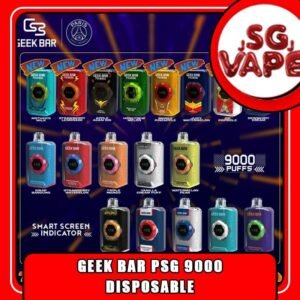 GEEK BAR PSG 9000 DISPOSABLE - SGVAPEJJ The GEEK BAR PSG 9000 DISPOSABLE also as 9k puffs , in our Vape Singapore - SG VAPE JJ Ready Stock , get it now with us and same day delivery ! Unleash the power of vaping with the GEEK BAR PSG 9000 Puffs Disposable . Experience an astounding capacity of up to 9000 puffs, ensuring prolonged enjoyment without the hassle of frequent replacements. Embrace the convenience of its Type C Rechargeable feature, allowing you to recharge and savor your favorite flavors at your convenience Stay in control and never miss a beat with the Smart Screen Indicator, keeping you updated on both battery and e-liquid levels in real-time. With Adjustable Airflow, tailor your vaping experience to perfection, delivering smooth and flavorful clouds that suit your unique preferences. Elevate your vaping journey today and enjoy unmatched performance, convenience, and satisfaction with the GEEKBAR! Specifications : Approx.9000 Puffs Rechargeable Battery Adjustable Airflow Charging Port: Type-C ⚠️GEEK BAR PSG 9000 DISPOSABLE FLAVOUR LIST⚠️ Chocolate Mocha Classic Double Rootbeer Grape Blackcurrant Mango Blackcurrant Mix Berries Sirap Bandung Strawberry Watermelon Triple Mango Vanilla Cream Puff Watermelon Pear Dewberry Cream Honeydew Melon Mango Pineapple Mother Milk Juicy Watermelon Apple Asam boi Ice Popsicle Strawberry Lemonade SG VAPE COD SAME DAY DELIVERY , CASH ON DELIVERY ONLY. ORDER BEFORE 5PM , SAME DAY NIGHT SLOT 20:00 PM – 23:00 PM RECEIVED PARCEL. TAKE BULK ORDER /MORE ORDER PLS CONTACT US : SGVAPEJJ VIEW OUR DAILY NEWS INFORMATION VAPE : SGVAPEJJ