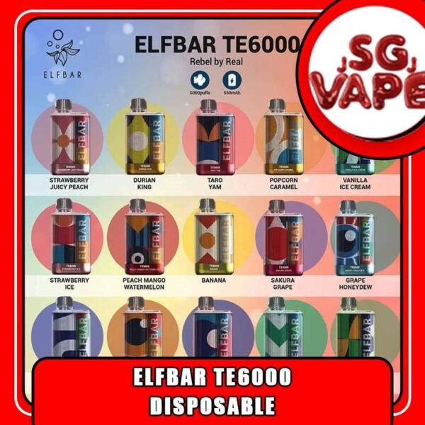 ELF BAR TE6000 DISPOSABLE - SGVAPEJJ Elf Bar TE6000 is also a high-performance and stylish disposable vape. Despite having a 10.3ml e-liquid capacity and a 550mAh battery, it can provide vapers with up to 6000 puffs. The 4% salt nicotine content in ELF BAR TE6000 is particularly appealing to those who seek a satisfying throat hit. Here are some of the features of the Elf Bar TE6000 : Long-lasting battery: This Vape has a 550mAh battery, which can last for up to 6,000 puffs. This is equivalent to about 40 cigarettes, so you won’t have to worry about running out of battery power before you finish the pod. Large e-liquid capacity: This Vape has a 15mL e-liquid capacity, which is more than enough for most vapers. This means that you can enjoy your favorite flavor for longer without having to refill the pod. Salt nicotine content: This Vape contains 5% salt nicotine, which is a type of nicotine that is absorbed more quickly into the bloodstream than freebase nicotine. This makes it a good choice for vapers who are looking for a satisfying throat hit. Draw-activated firing mechanism: The Elf Bar TE6000 is equipped with a draw-activated firing mechanism, so there is no need to press any buttons to vape. This makes it easy to use, even for beginners. Overall, the Elf Bar TE6000 is a great option for vapers who are looking for a convenient and affordable way to quit smoking. It is long-lasting, has a large e-liquid capacity, and contains 5% salt nicotine. If you are looking for a disposable vape pod that is easy to use and delivers a satisfying throat hit, then the Elf Bar TE6000 is a great choice. ⚠️ELFBAR TE6000 DISPOSABLE FLAVOUR LIST⚠️ Pecan Butter Banana Cool Mint Cola Ice Juicy Peach Peach Mango Watermelon Strawberry Ice Cream Strawberry Ice Strawberry Mango Grape Honeydew Sakura Grape Green Apple Blackcurrant Taro Yam Popcorn Caramel Winter Melon Strawberry Juicy Peach Vanilla Custard Durian King Vanilla Ice Cream SG VAPE COD SAME DAY DELIVERY , CASH ON DELIVERY ONLY. ORDER BEFORE 5PM , SAME DAY NIGHT SLOT 20:00 PM – 23:00 PM RECEIVED PARCEL. TAKE BULK ORDER /MORE ORDER PLS CONTACT US : SGVAPEJJ VIEW OUR DAILY NEWS INFORMATION VAPE : SGVAPEJJ