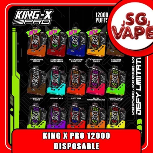 KING X PRO 12K / 12000 PUFFS DISPOSABLE - SG VAPE JJ The KING X PRO 12K / 12000 Disposable Vape in our Vape Singapore - SG VAPE JJ Ready Stock , Get it now with us and same day delivery . The King X Pro 12000 is a high-capacity vape device offering approximately 12,000 puffs. With a nicotine concentration of 50mg (5%), it features a child-lock safety mechanism and a booster button for enhanced vaping experiences. This King-X 12k Puffs rechargeable pod device comes with a rechargeable battery and a charging port, ensuring convenience and longevity in use. Offering a prolonged vaping experience, it's designed for those seeking extended use without the hassle of frequent replacements. Bundle Set OPTION⚠️ FREE DELIVERY 5 x Pcs – SGD 110 ! ($22 EACH) 10 x Pcs – SGD 210 $ ($21 EACH) Specifition : Nicotine 50mg (5%) Approx. 12000 puffs Child-Lock Safety Booster Button Rechargeable Battery Charging Port: Type-C ⚠️KING X PRO 12K PUFFS DISPOSABLE FLAVOUR⚠️ Solero Ice Cream Strawberry Cheesecake Lychee Berries Guava Grape Watermelon Candy Mango Guava Watermelon Peanut Butter Choco Fresh Watermelon Juice Rootbeer Watermelon Mango Peanut Corn Pancake Strawberry Watermelon Strawberry Pinemelon Lemon Drop Unicorn Milk Blackcurrant Honeydew Ice Coffee Hazelnut SG VAPE COD SAME DAY DELIVERY , CASH ON DELIVERY ONLY. ORDER BEFORE 5PM , SAME DAY NIGHT SLOT 20:00 PM – 23:00 PM RECEIVED PARCEL. TAKE BULK ORDER /MORE ORDER PLS CONTACT US : SGVAPEJJ VIEW OUR DAILY NEWS INFORMATION VAPE : SGVAPEJJ