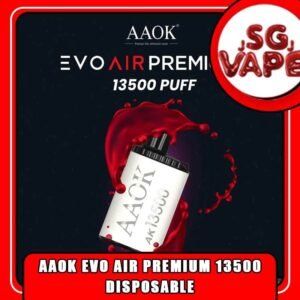 AAOK EVO AIR PREMIUM 13.5K PUFFS DISPOSABLE ( 13500 ) - SGVAPEJJ VAPE SINGAPORE Experience the forefront of vaping innovation with the AAOK EVO AIR PREMIUM 13500 ( 13K ) Puffs Vape. An replacement for AAOK 13.5k Puffs. It design with same feature as a freebase e-juice disposable. But in this latest version it has bigger volume and stronger airflow to produce larger vapor clouds! Engineered to generate expansive clouds, this disposable pods enables vapers to indulge in deep inhalations and exhale dense plumes of vapor. It’s poised to become the premier smoke-producing disposable vape available! Specifications: Puff : 13,500 Puffs Battery Capacity : 800 mAh Resistance : 1.0 ohm E-Juice Capacity : 16.5 ML Charging : Rechargeable with Type C Power : 13W Nicotine Strength : 3% Coil : Mesh Coil Charging Time : Roughly 15 min Airflow Adjustable Freebase E-Juice – Direct to lung ⚠️AAOK 13500 DISPOSABLE FLAVOUR LIST⚠️ Grape Bubblegum Strawberry Bubblegum Energy Drink Spritte Lychee Ice Mango Blackcurrant Strawberry Fanta Blueberry Vanilla Strawberry Vanilla SG VAPE COD SAME DAY DELIVERY , CASH ON DELIVERY ONLY. ORDER BEFORE 5PM , SAME DAY NIGHT SLOT 20:00 PM – 23:00 PM RECEIVED PARCEL. TAKE BULK ORDER /MORE ORDER PLS CONTACT US : SGVAPEJJ VIEW OUR DAILY NEWS INFORMATION VAPE : SGVAPEJJ